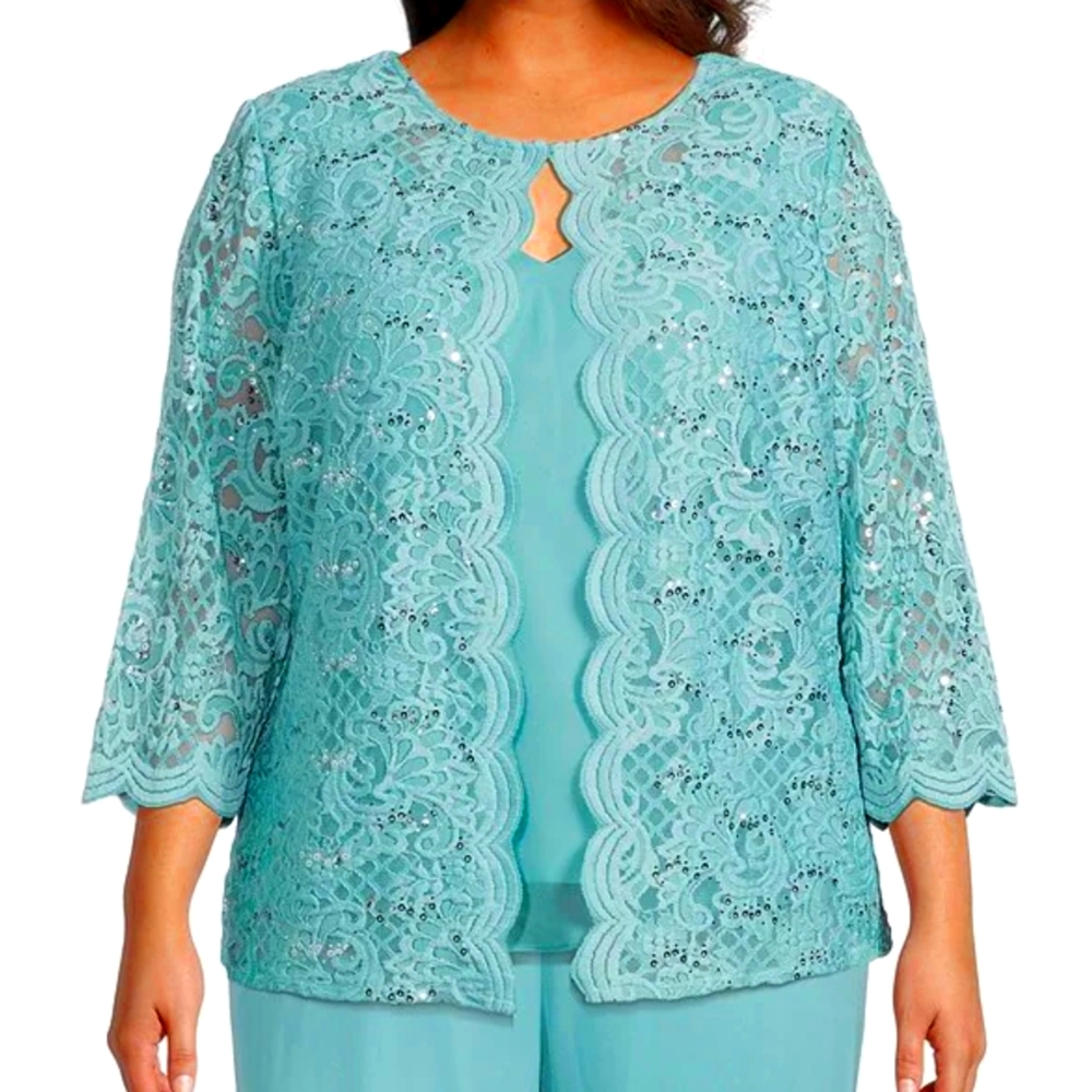 Alex Evenings Round Neck 3/4 Sleeve Sequin Lace Chiffon Scallop Trim Twin Set